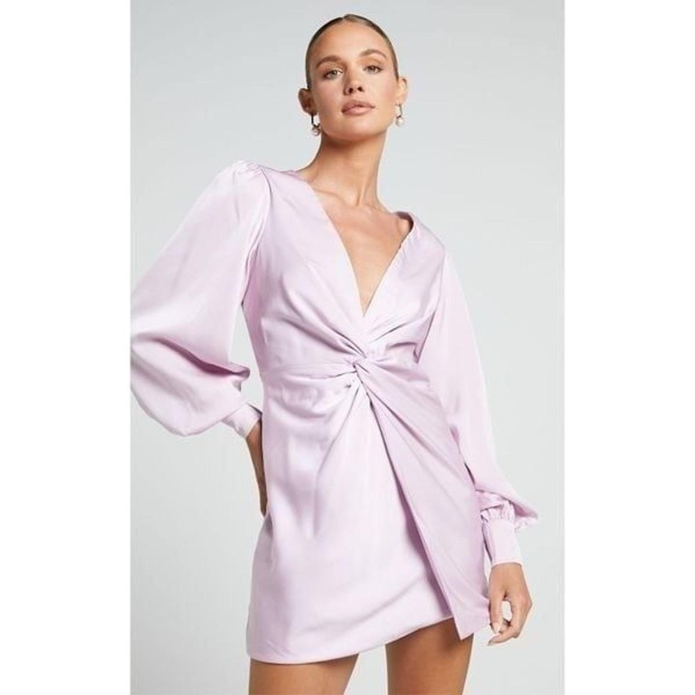 Showpo Billie Mini Dress Satin Twist Front Deep V-Neck Balloon Sleeve Lilac Sz 6
